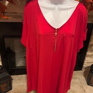 Roz & Ali Red V-Neck Blouse with Zipper